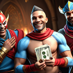 **

A triumphant Eternal Return character proudly showing off a newly acquired, rare Limited Edition skin, surrounded by admiring teammates. The skin has a vibrant and unique design. Focus on the character's expression of joy and accomplishment. Include visual elements suggesting in-game currency (e.g., a small pile of in-game currency nearby).

**
